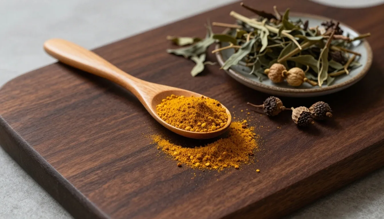 Close-up of botanical powder on a wooden spoon with dried leaves and seeds