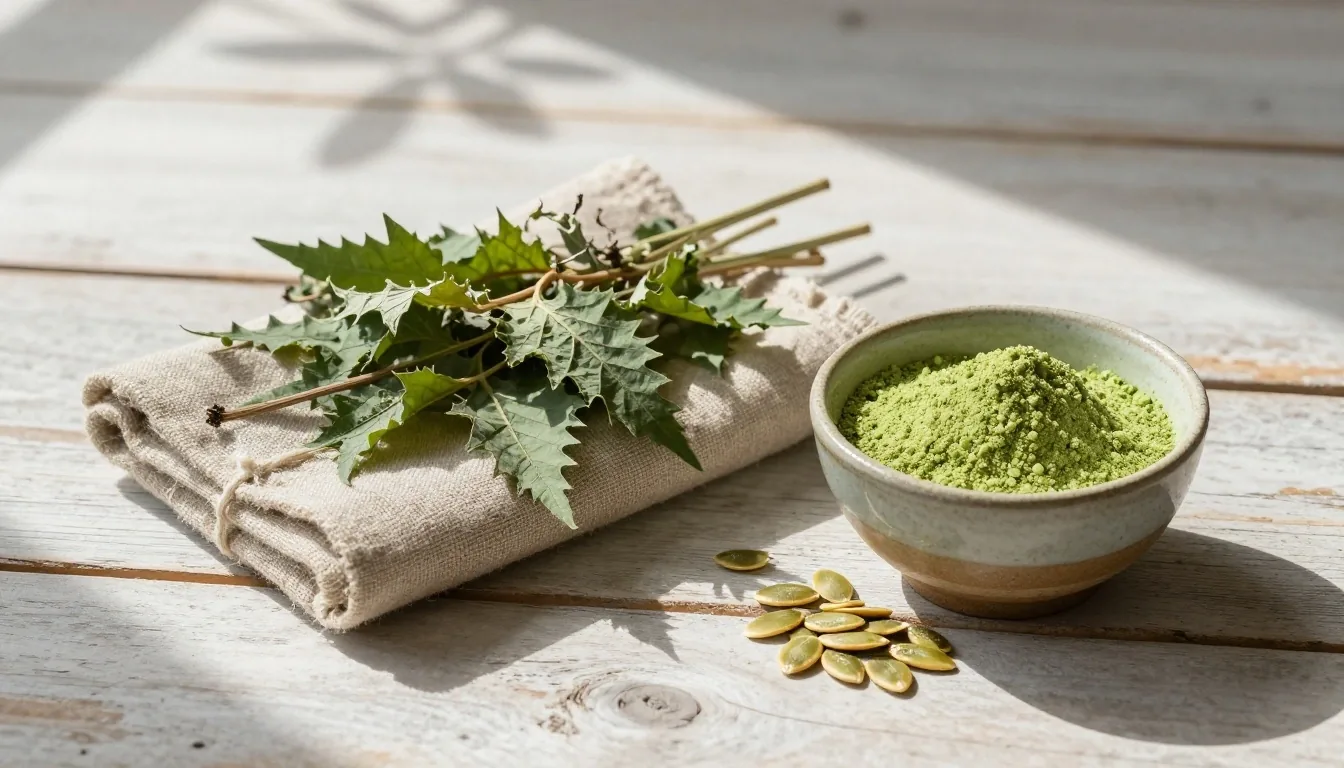 Natural supplement ingredients arranged on a pale wooden surface under midday light