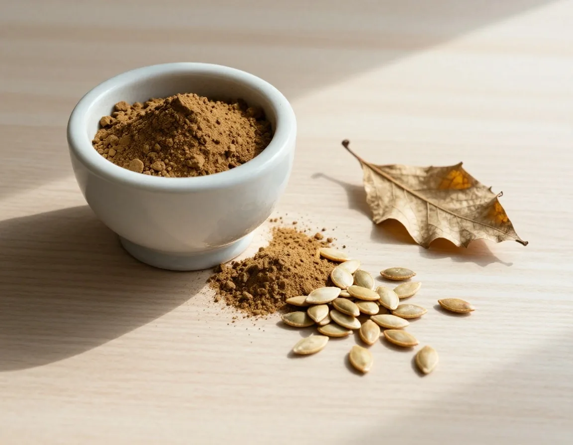 Natural supplement ingredients on a pale wooden surface under warm midday light