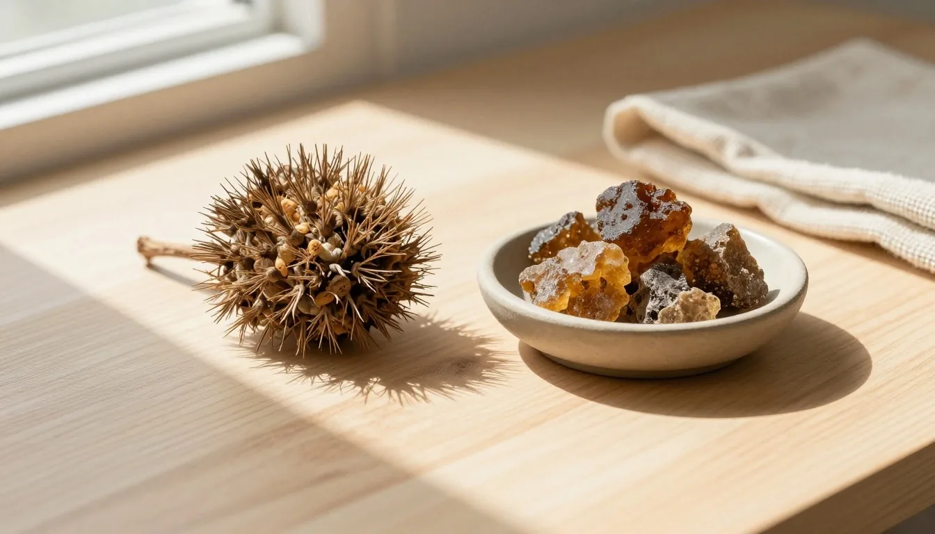 Natural supplement ingredients on a pale wooden surface
