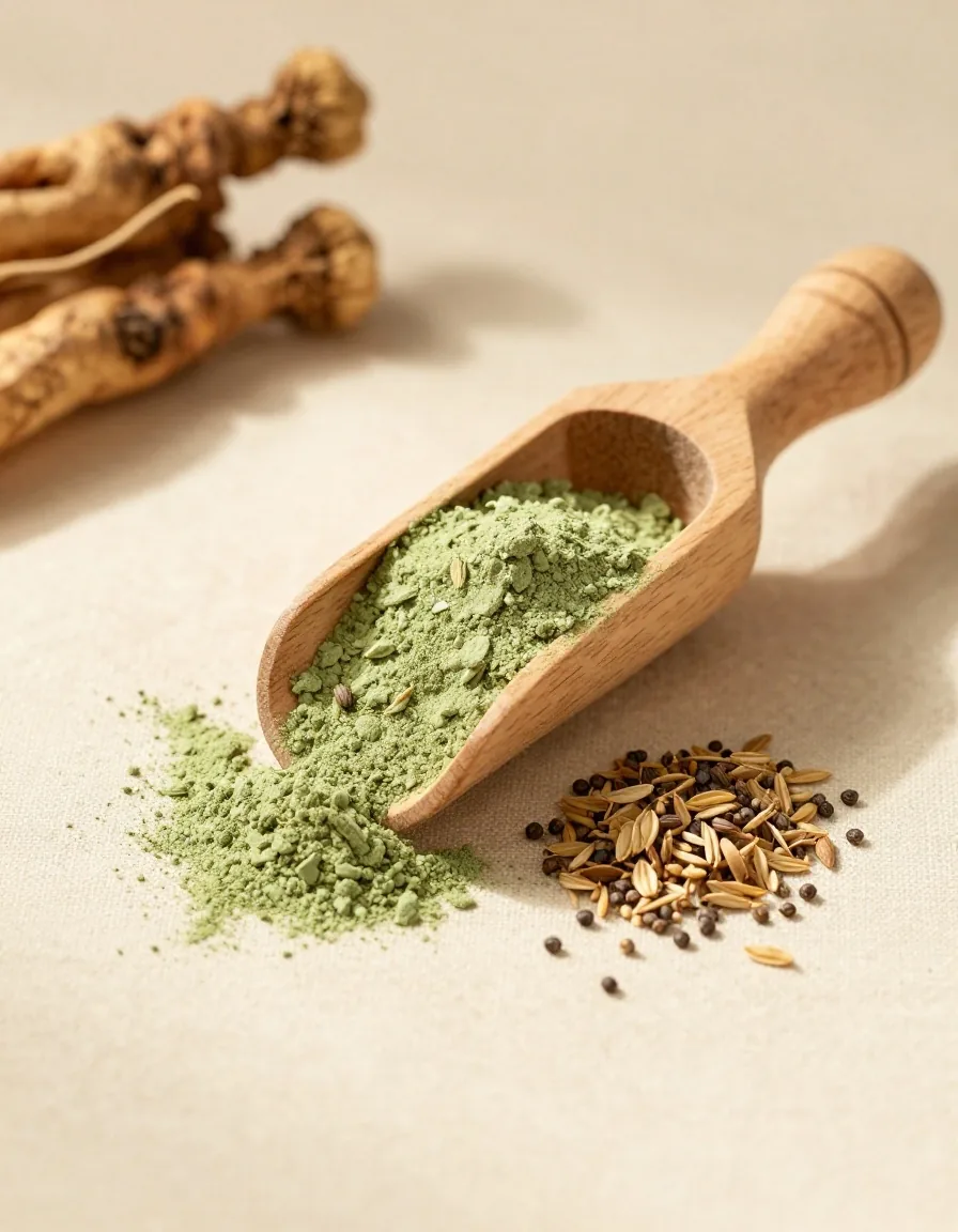 A wooden scoop with green powder and ground roots on linen