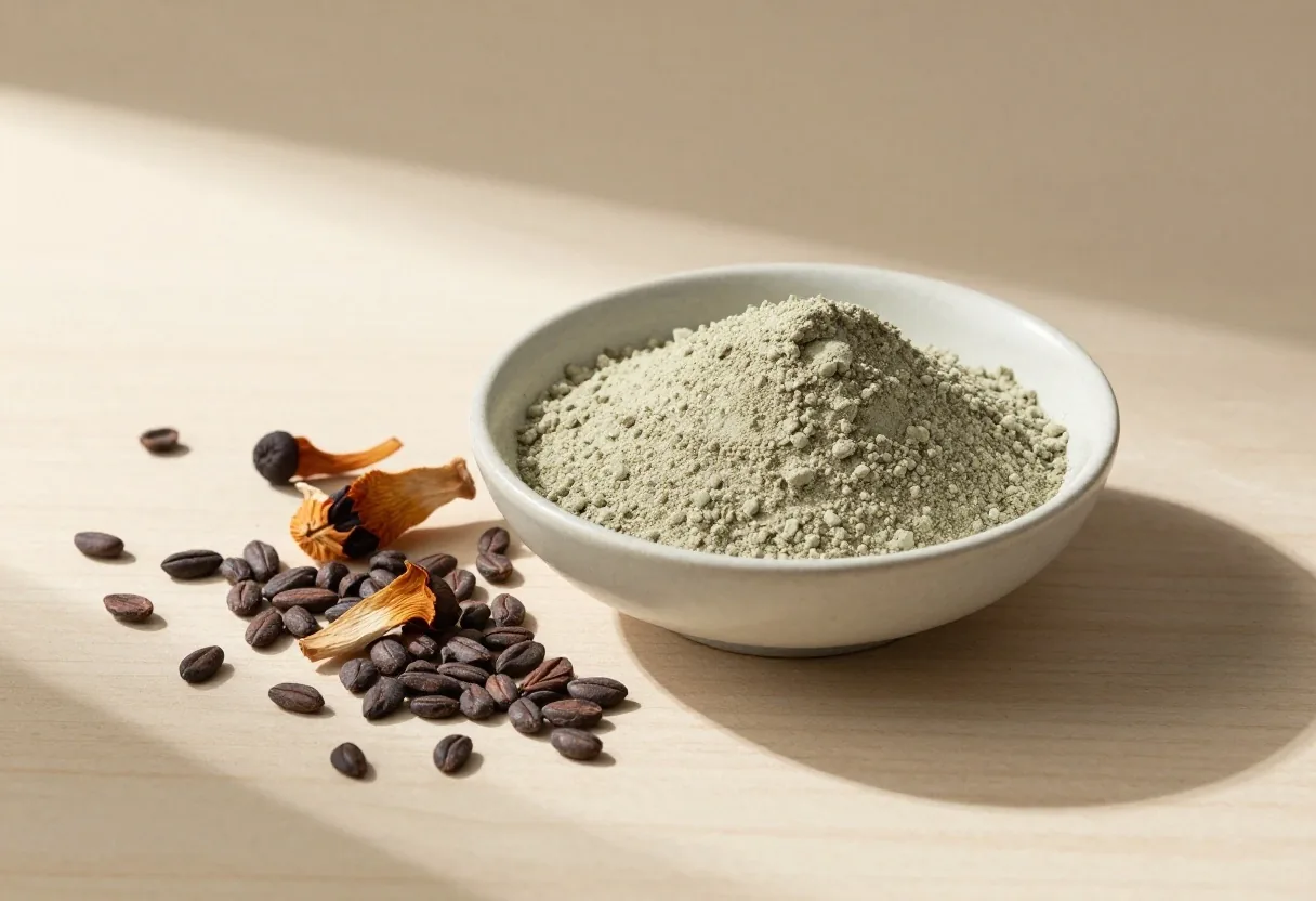 Natural supplement ingredients including powder, dried roots, and seeds on a pale wooden surface
