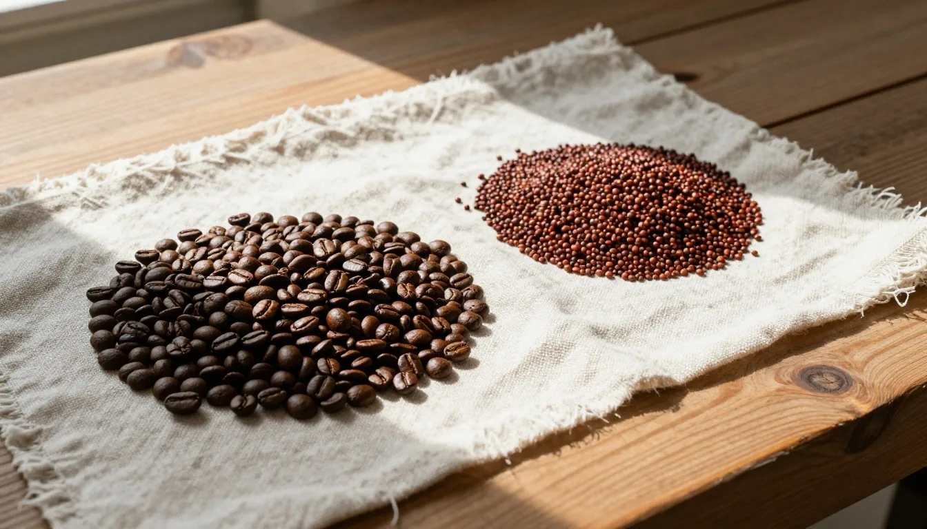 Roasted coffee beans and guarana seeds on a pale wooden board