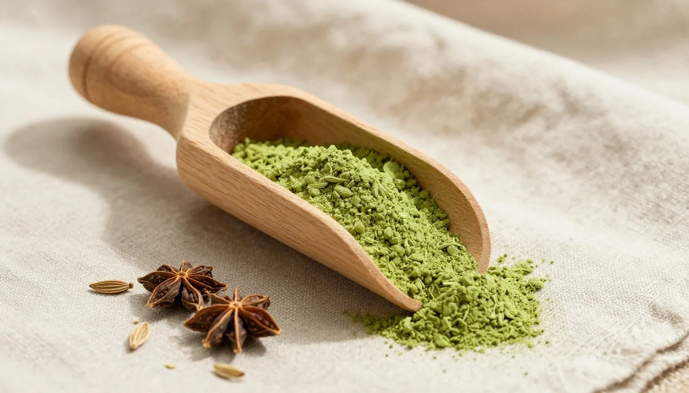 Close-up of supplement powder on a wooden scoop with dried botanicals