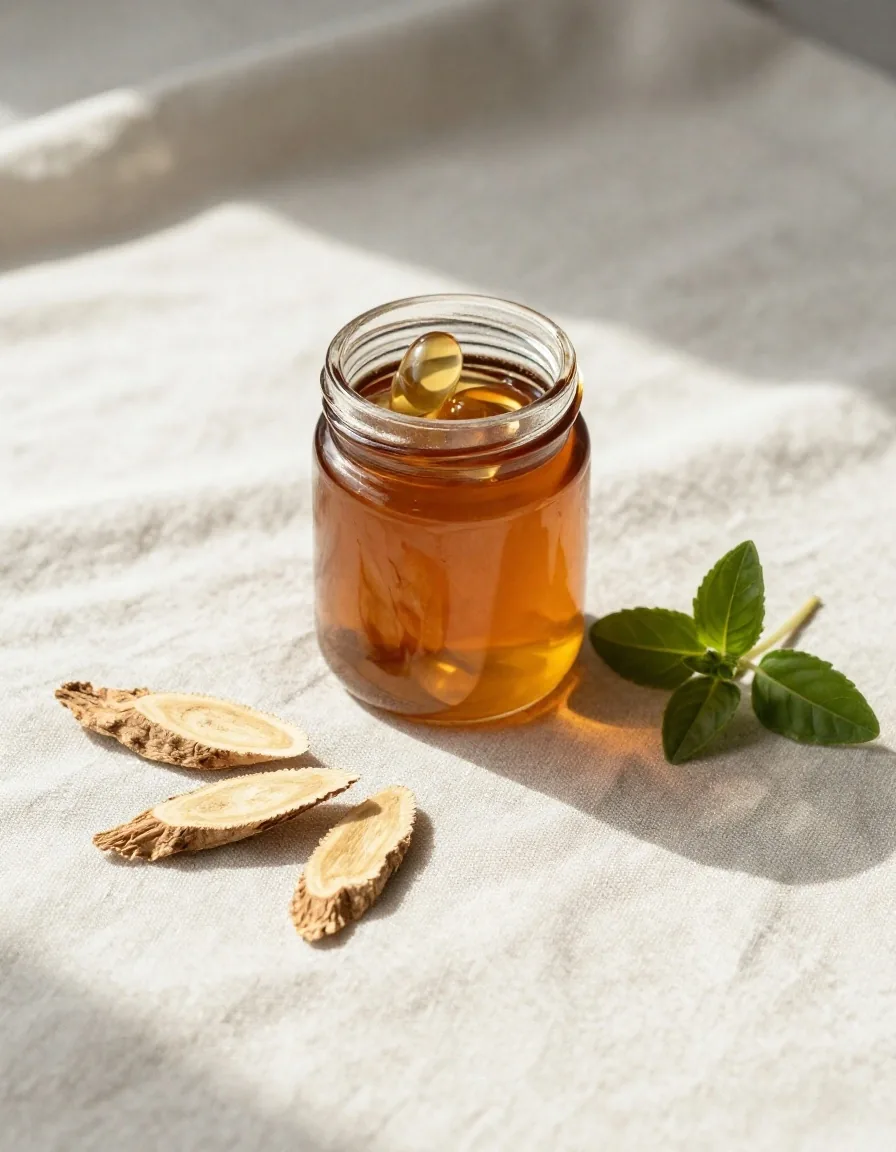Glass jar of natural capsules with dried botanicals