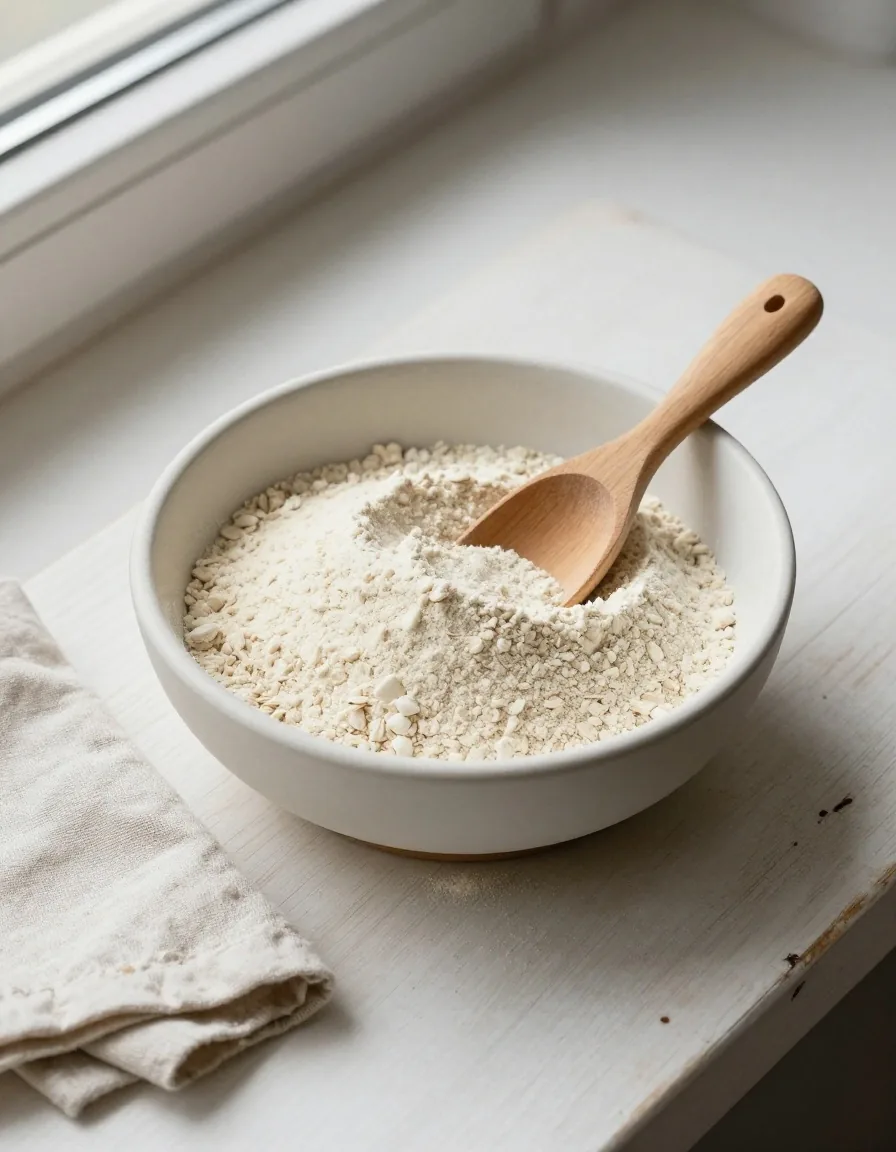 A jar of amino acid powder with a scoop on a wooden board