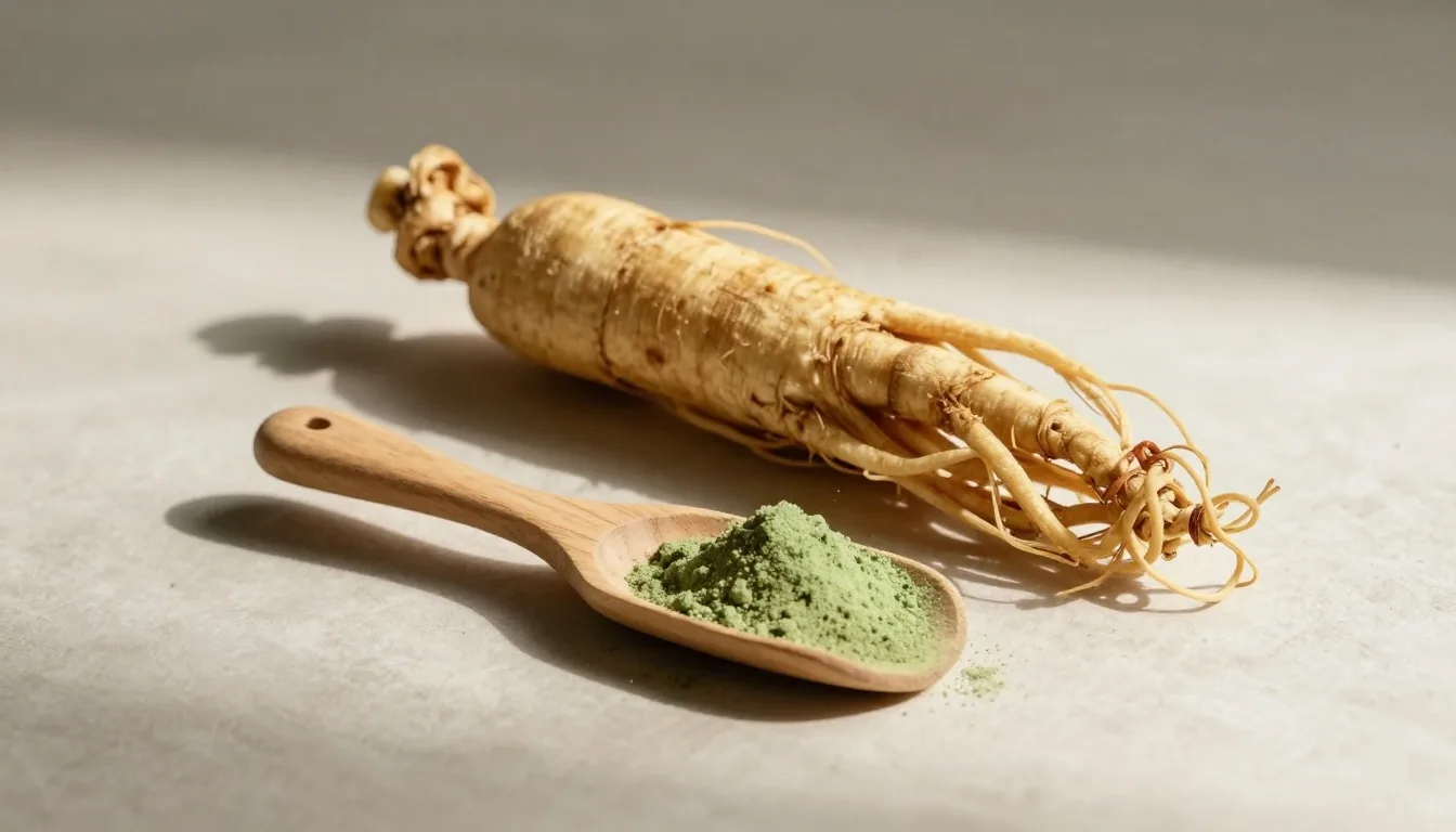Dried ginseng root and a scoop of powder on a plaster surface