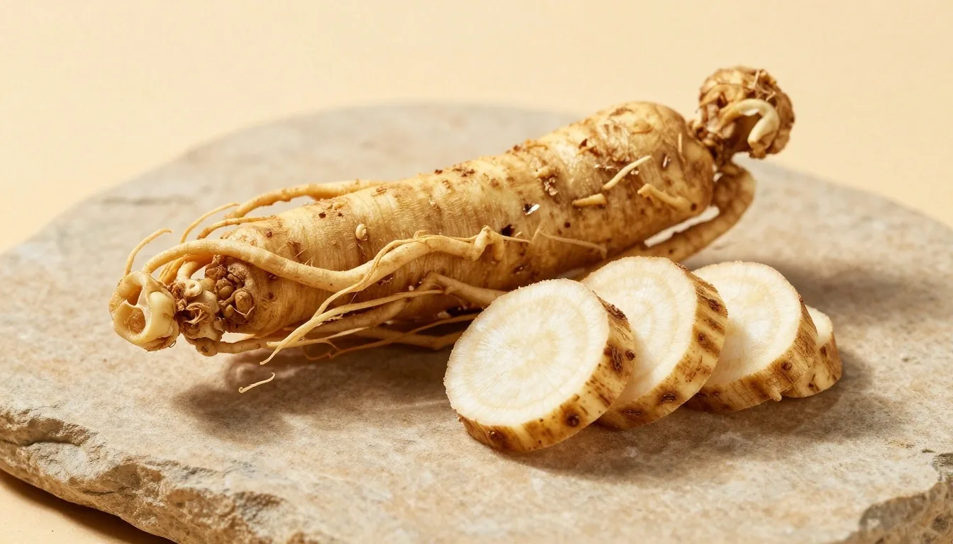 Close-up of dried ginseng and maca roots on linen