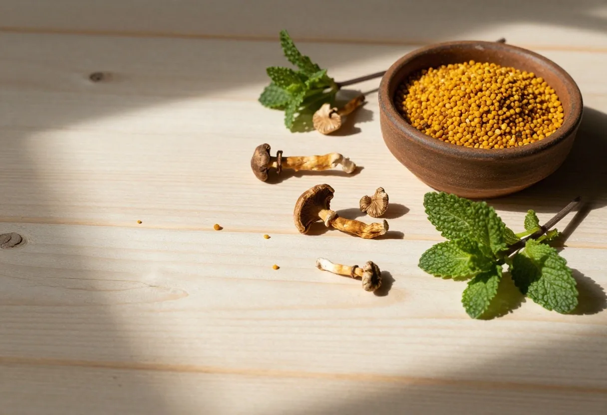 Natural supplement ingredients on pale wood under midday light