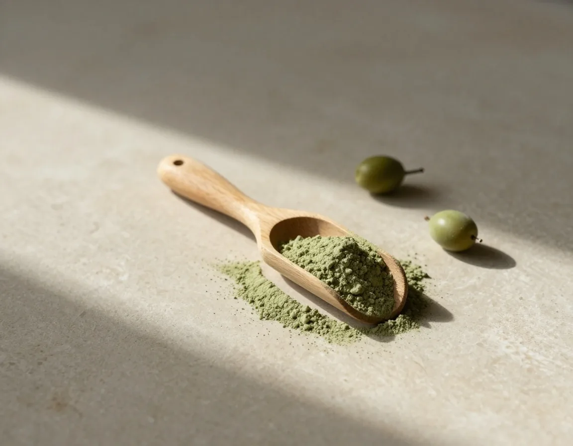 Powdered supplement on a wooden scoop